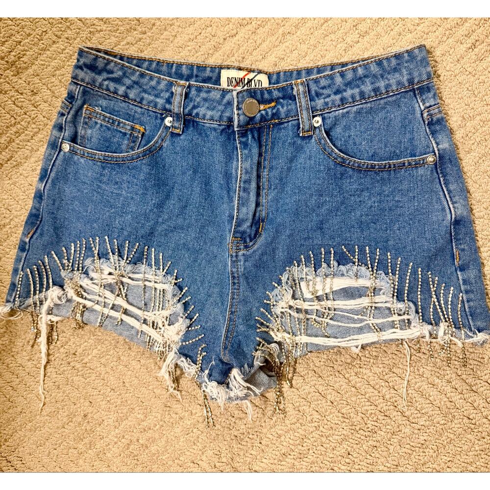 Denim Blvd Rhinestone Fringe Distressed Denim Shorts High Waist Burning man 🔥